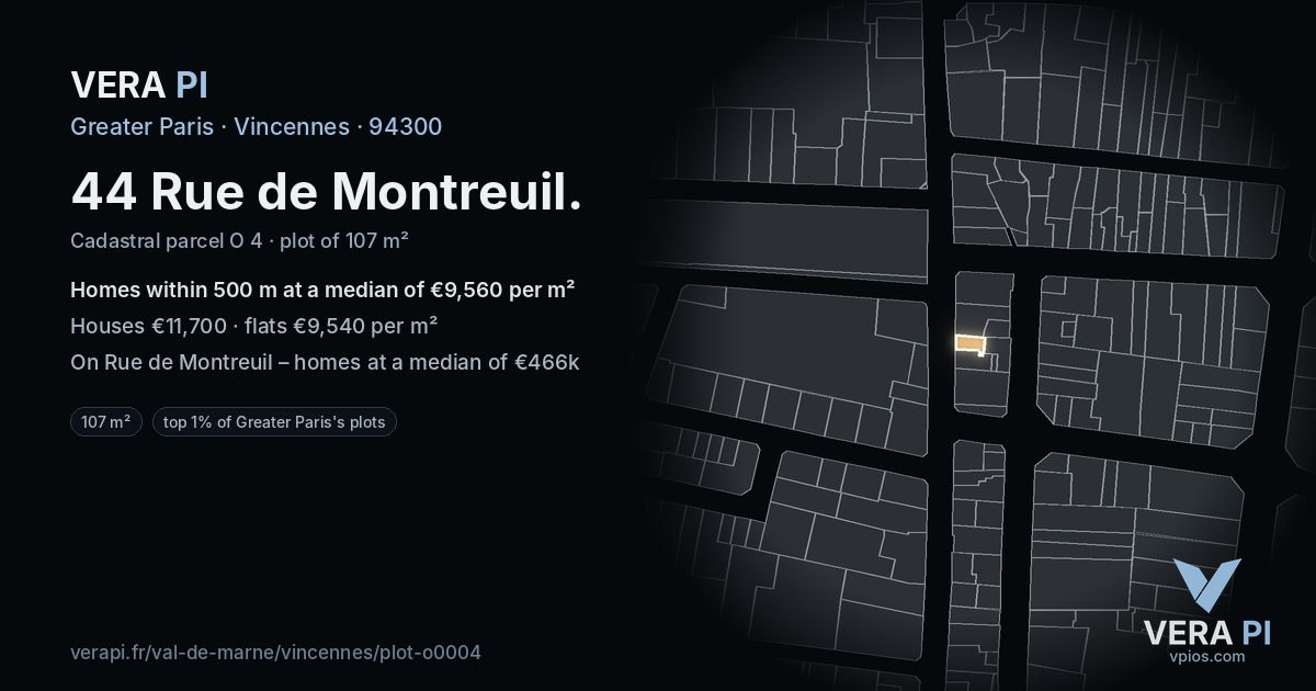 44 Rue de Montreuil, Vincennes at night – the plot lit, the parcels around coloured by the prices near them