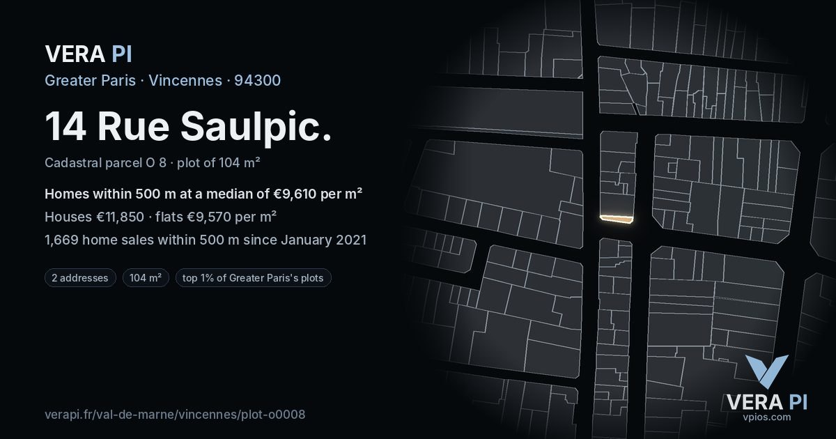 14 Rue Saulpic, Vincennes at night – the plot lit, the parcels around coloured by the prices near them