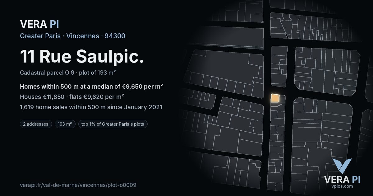 11 Rue Saulpic, Vincennes at night – the plot lit, the parcels around coloured by the prices near them