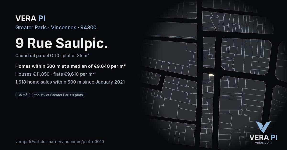 9 Rue Saulpic, Vincennes at night – the plot lit, the parcels around coloured by the prices near them