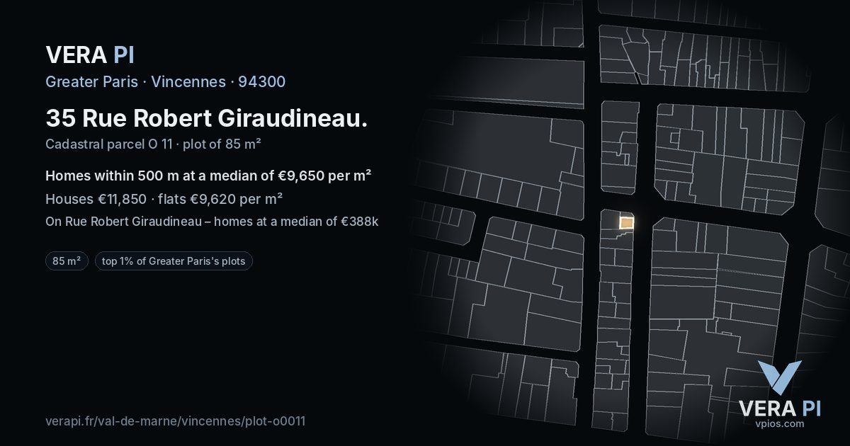 35 Rue Robert Giraudineau, Vincennes at night – the plot lit, the parcels around coloured by the prices near them