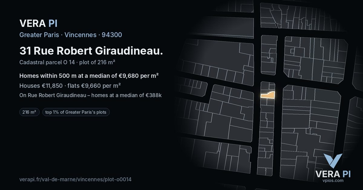 31 Rue Robert Giraudineau, Vincennes at night – the plot lit, the parcels around coloured by the prices near them