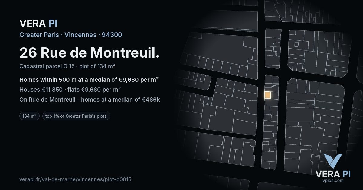 26 Rue de Montreuil, Vincennes at night – the plot lit, the parcels around coloured by the prices near them