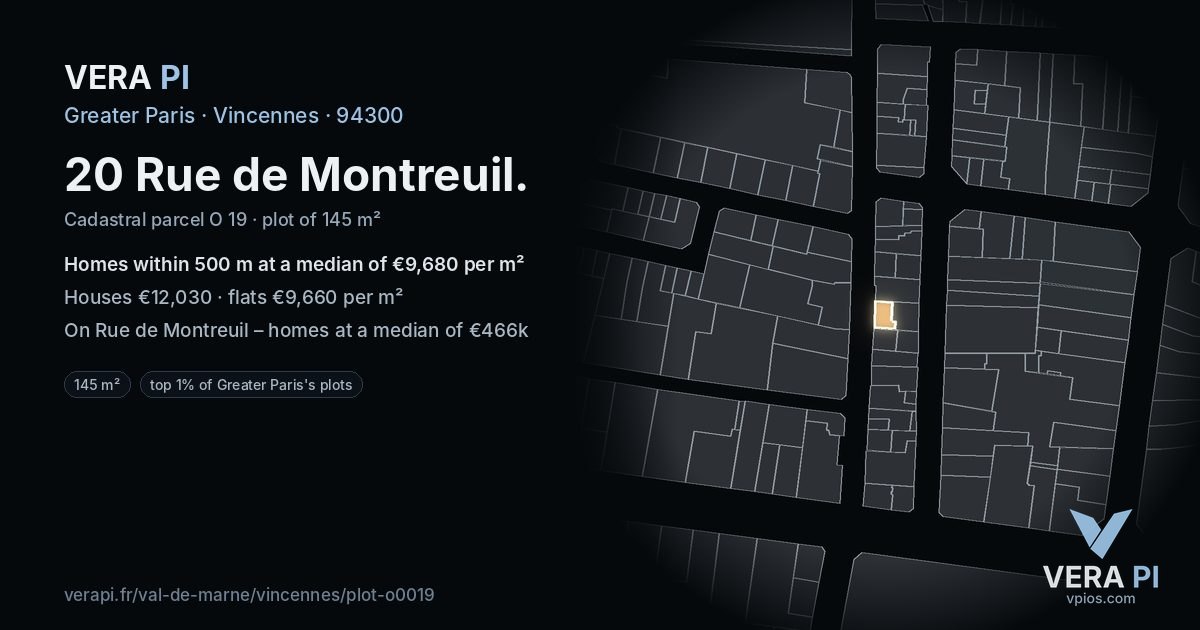 20 Rue de Montreuil, Vincennes at night – the plot lit, the parcels around coloured by the prices near them