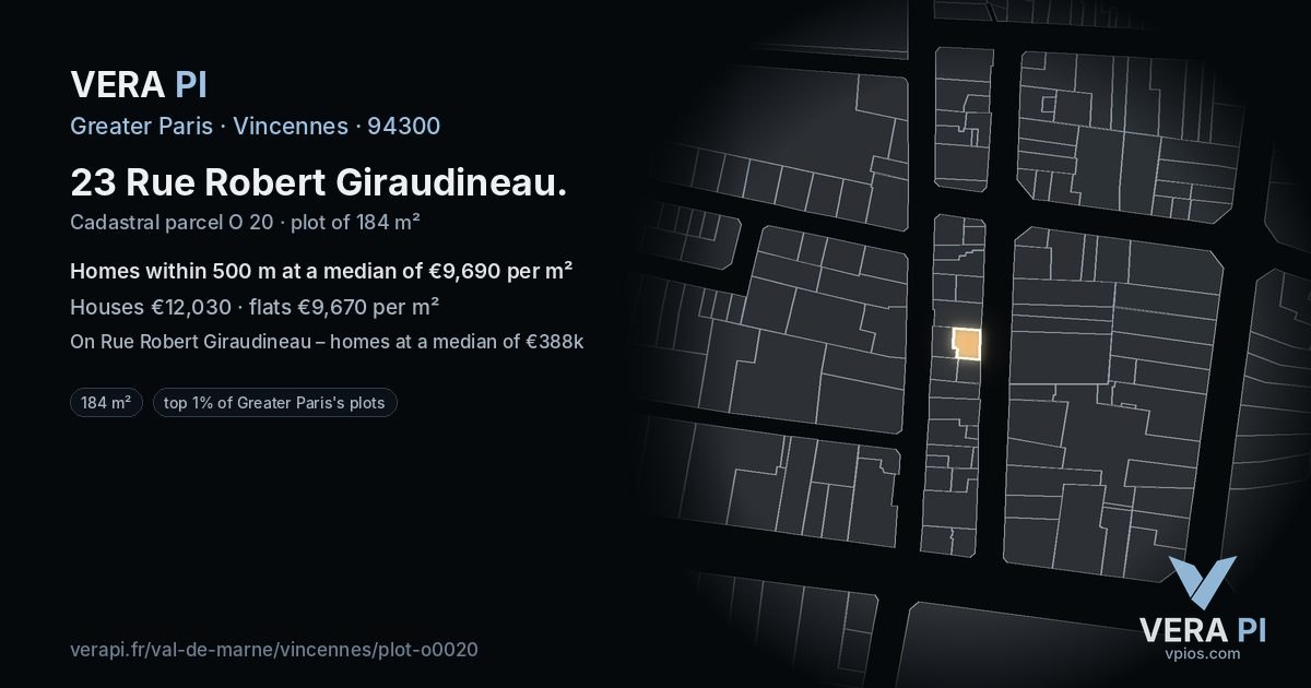 23 Rue Robert Giraudineau, Vincennes at night – the plot lit, the parcels around coloured by the prices near them