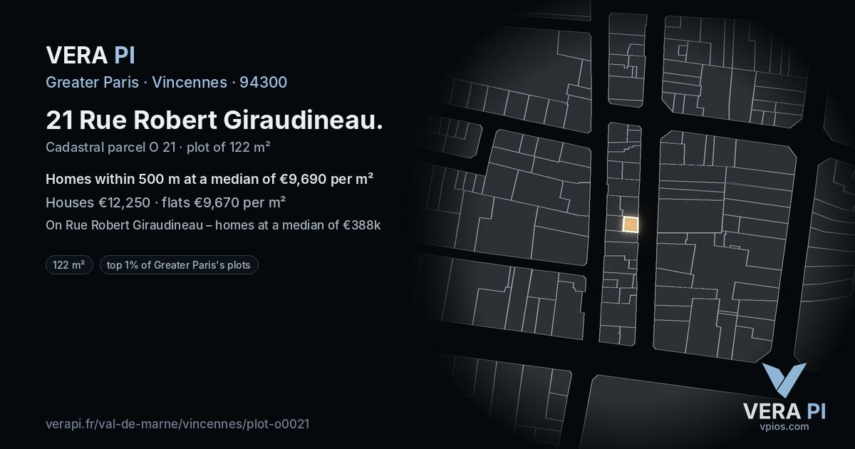 21 Rue Robert Giraudineau, Vincennes at night – the plot lit, the parcels around coloured by the prices near them
