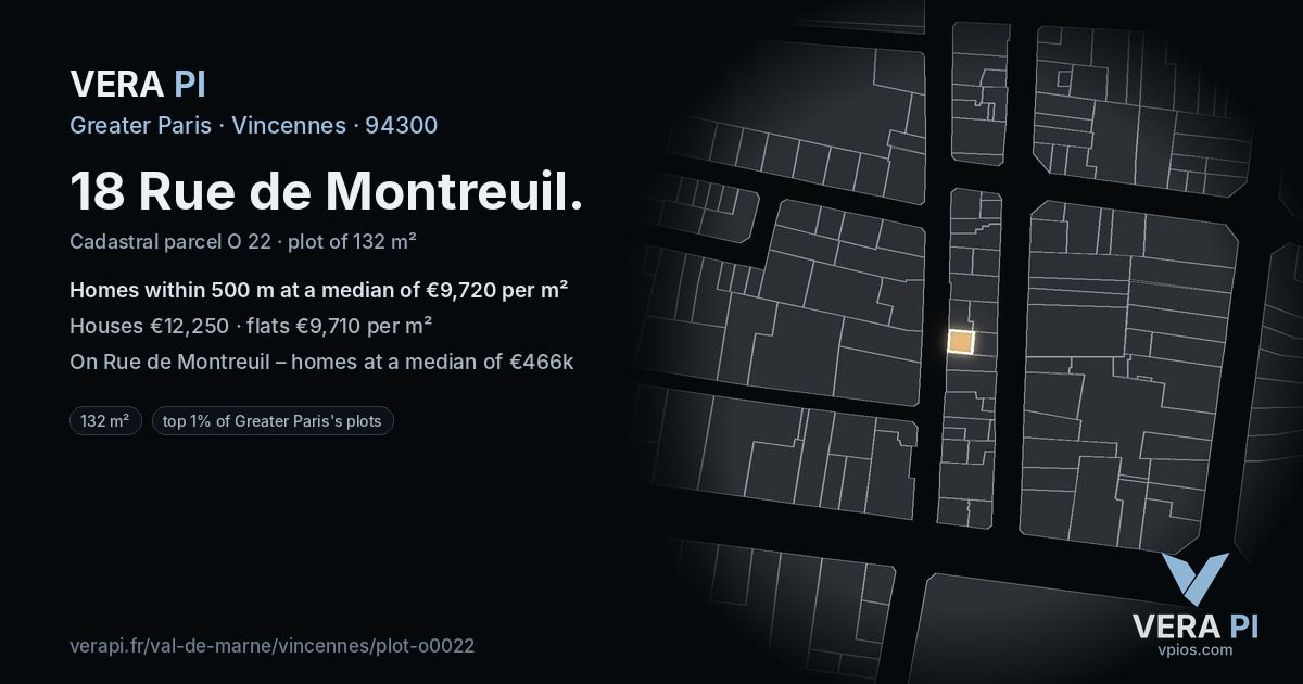 18 Rue de Montreuil, Vincennes at night – the plot lit, the parcels around coloured by the prices near them