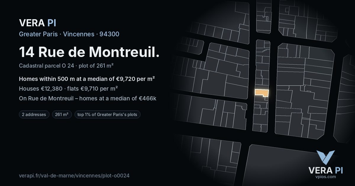 14 Rue de Montreuil, Vincennes at night – the plot lit, the parcels around coloured by the prices near them