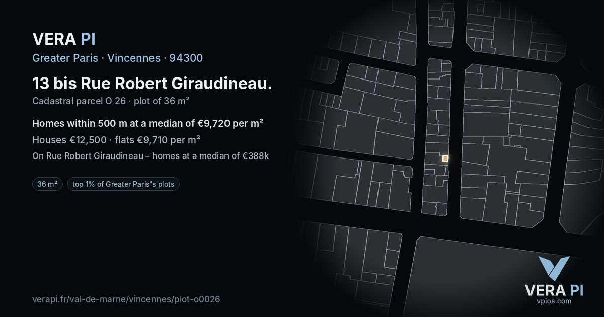 13 bis Rue Robert Giraudineau, Vincennes at night – the plot lit, the parcels around coloured by the prices near them