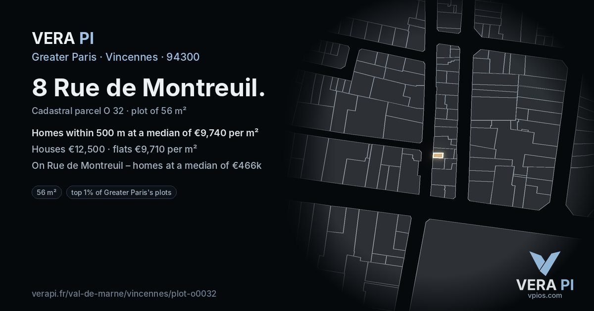 8 Rue de Montreuil, Vincennes at night – the plot lit, the parcels around coloured by the prices near them
