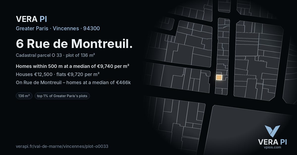 6 Rue de Montreuil, Vincennes at night – the plot lit, the parcels around coloured by the prices near them