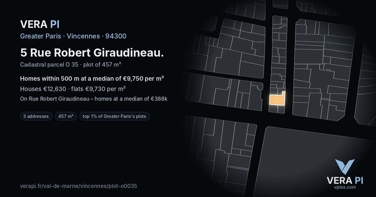 5 Rue Robert Giraudineau, Vincennes at night – the plot lit, the parcels around coloured by the prices near them