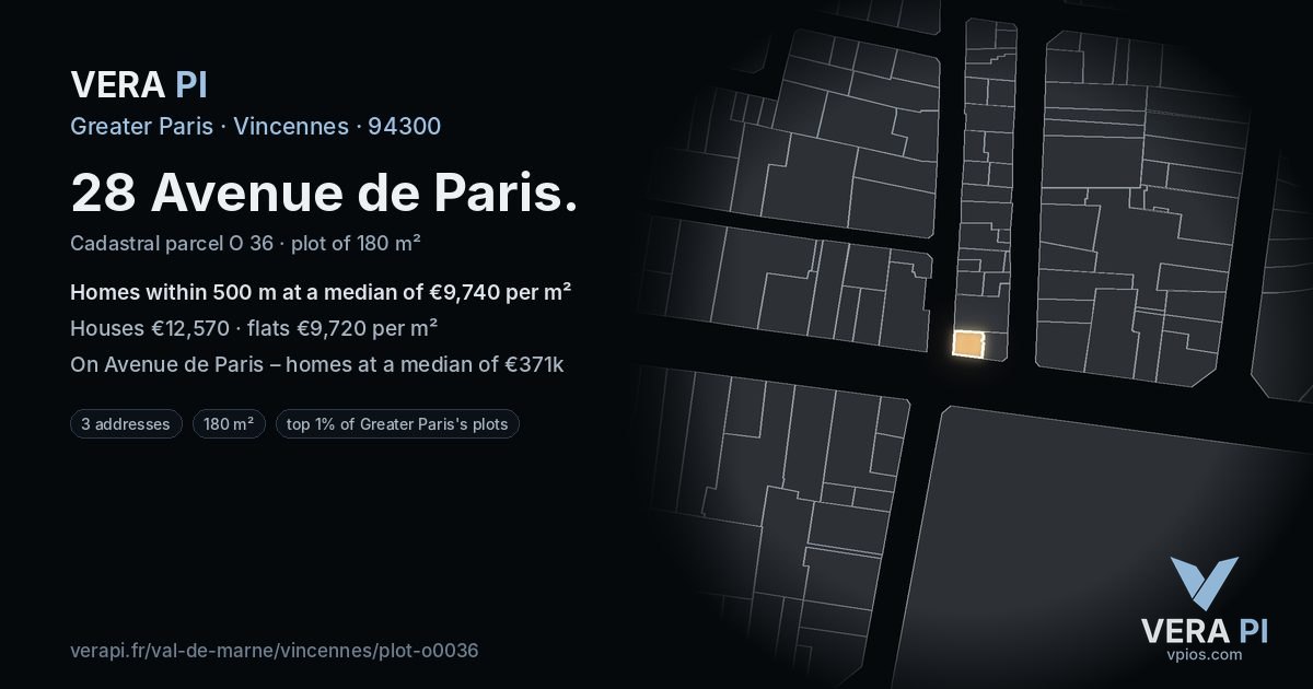 28 Avenue de Paris, Vincennes at night – the plot lit, the parcels around coloured by the prices near them