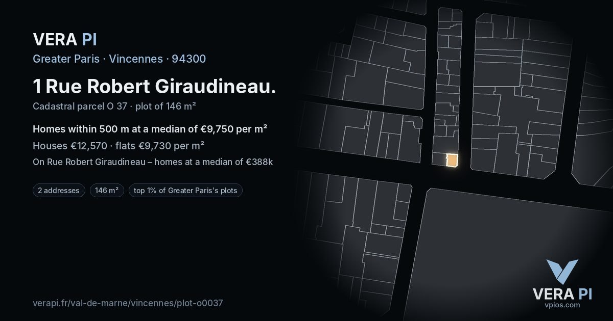 1 Rue Robert Giraudineau, Vincennes at night – the plot lit, the parcels around coloured by the prices near them