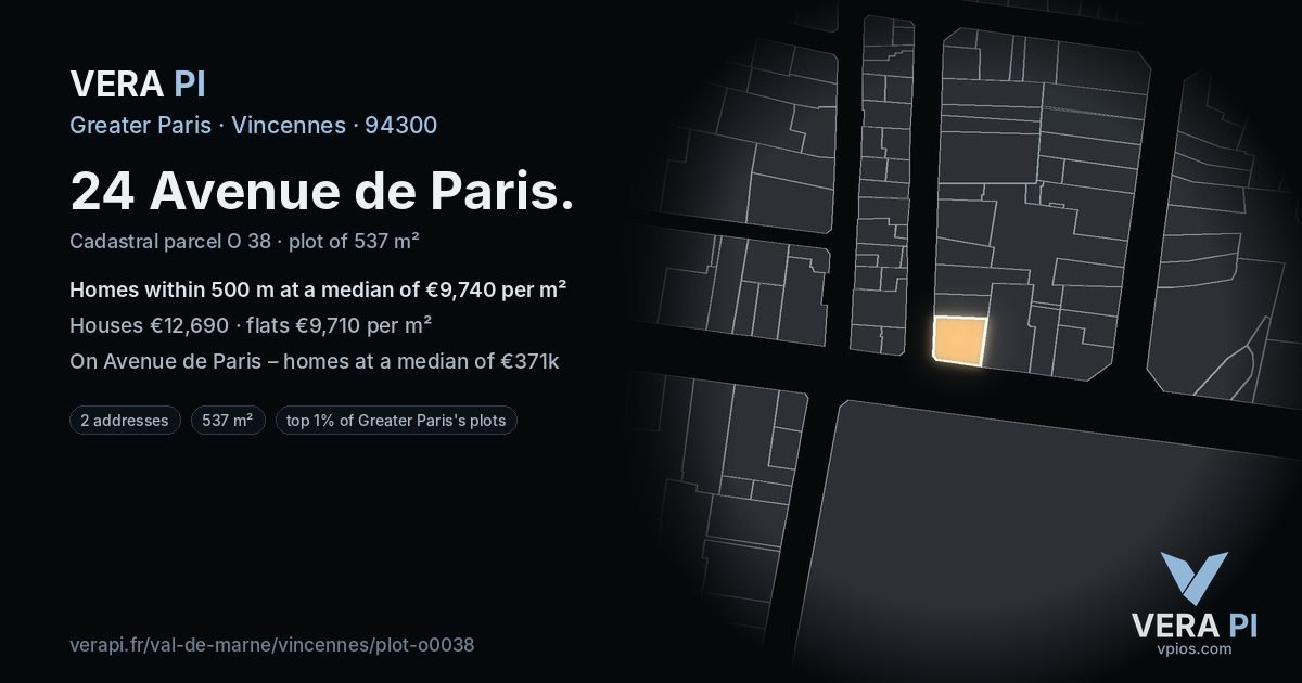 24 Avenue de Paris, Vincennes at night – the plot lit, the parcels around coloured by the prices near them