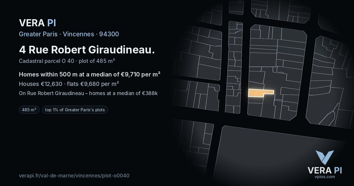 4 Rue Robert Giraudineau, Vincennes at night – the plot lit, the parcels around coloured by the prices near them