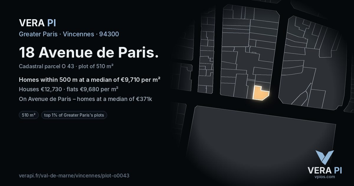 18 Avenue de Paris, Vincennes at night – the plot lit, the parcels around coloured by the prices near them