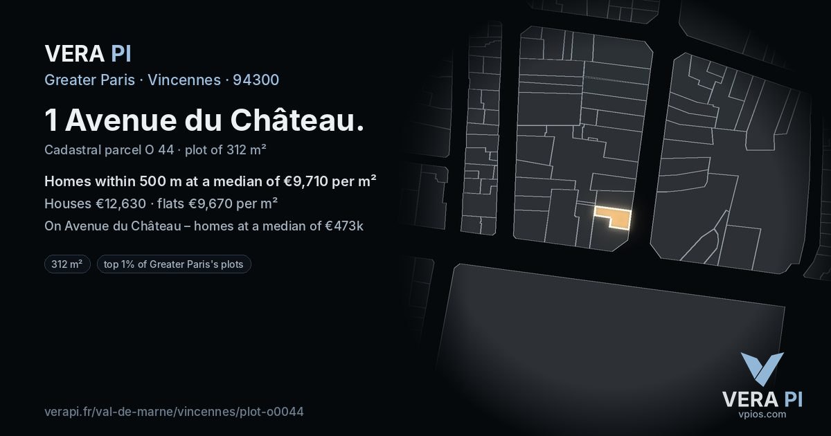 1 Avenue du Château, Vincennes at night – the plot lit, the parcels around coloured by the prices near them