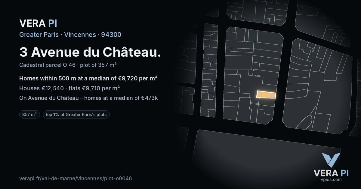3 Avenue du Château, Vincennes at night – the plot lit, the parcels around coloured by the prices near them