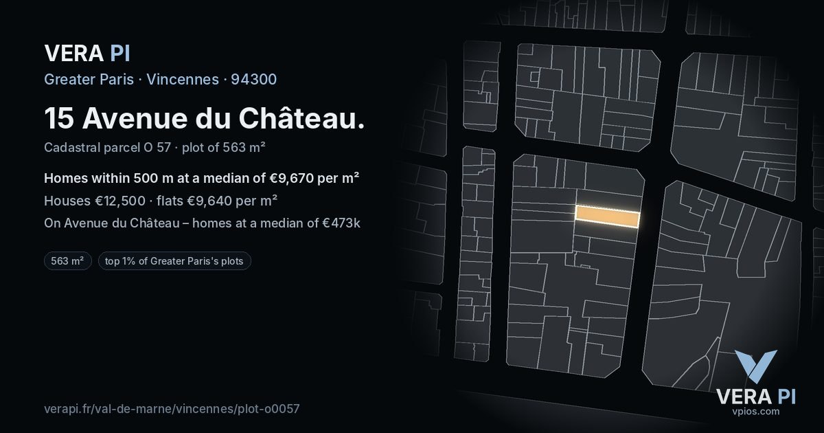 15 Avenue du Château, Vincennes at night – the plot lit, the parcels around coloured by the prices near them