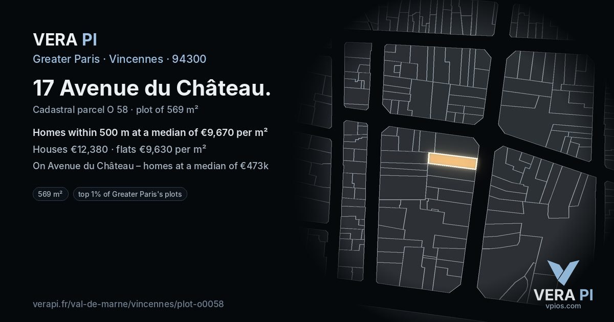 17 Avenue du Château, Vincennes at night – the plot lit, the parcels around coloured by the prices near them