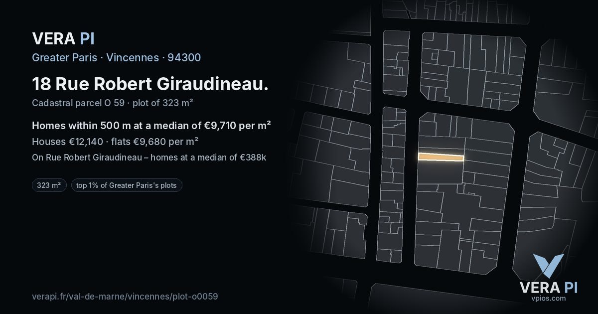 18 Rue Robert Giraudineau, Vincennes at night – the plot lit, the parcels around coloured by the prices near them