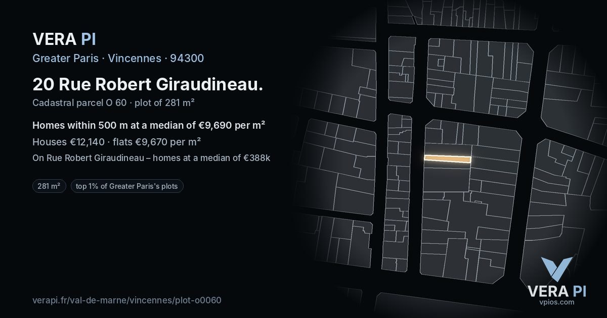 20 Rue Robert Giraudineau, Vincennes at night – the plot lit, the parcels around coloured by the prices near them