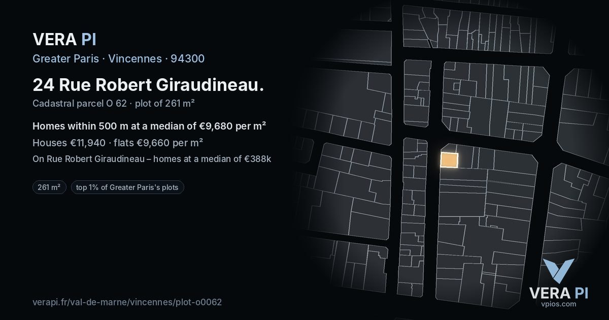 24 Rue Robert Giraudineau, Vincennes at night – the plot lit, the parcels around coloured by the prices near them