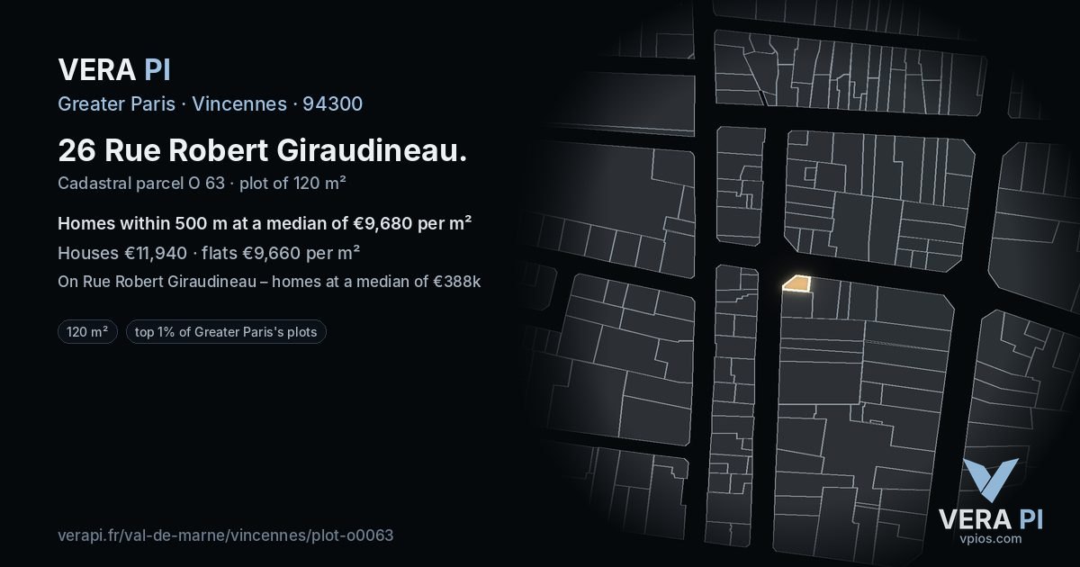 26 Rue Robert Giraudineau, Vincennes at night – the plot lit, the parcels around coloured by the prices near them