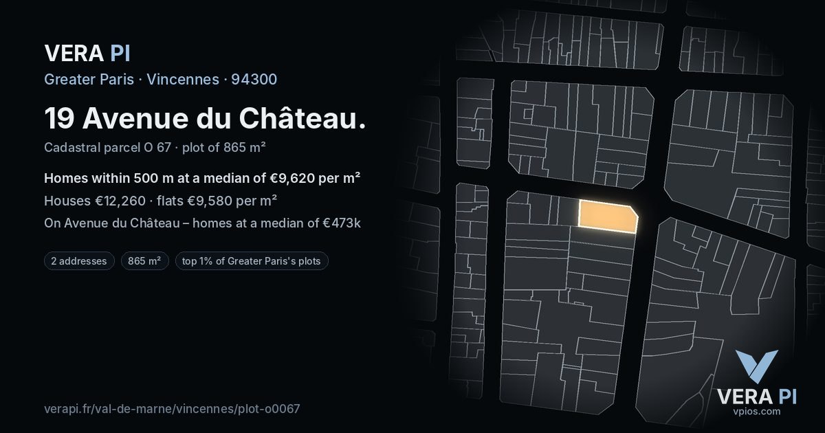 19 Avenue du Château, Vincennes at night – the plot lit, the parcels around coloured by the prices near them