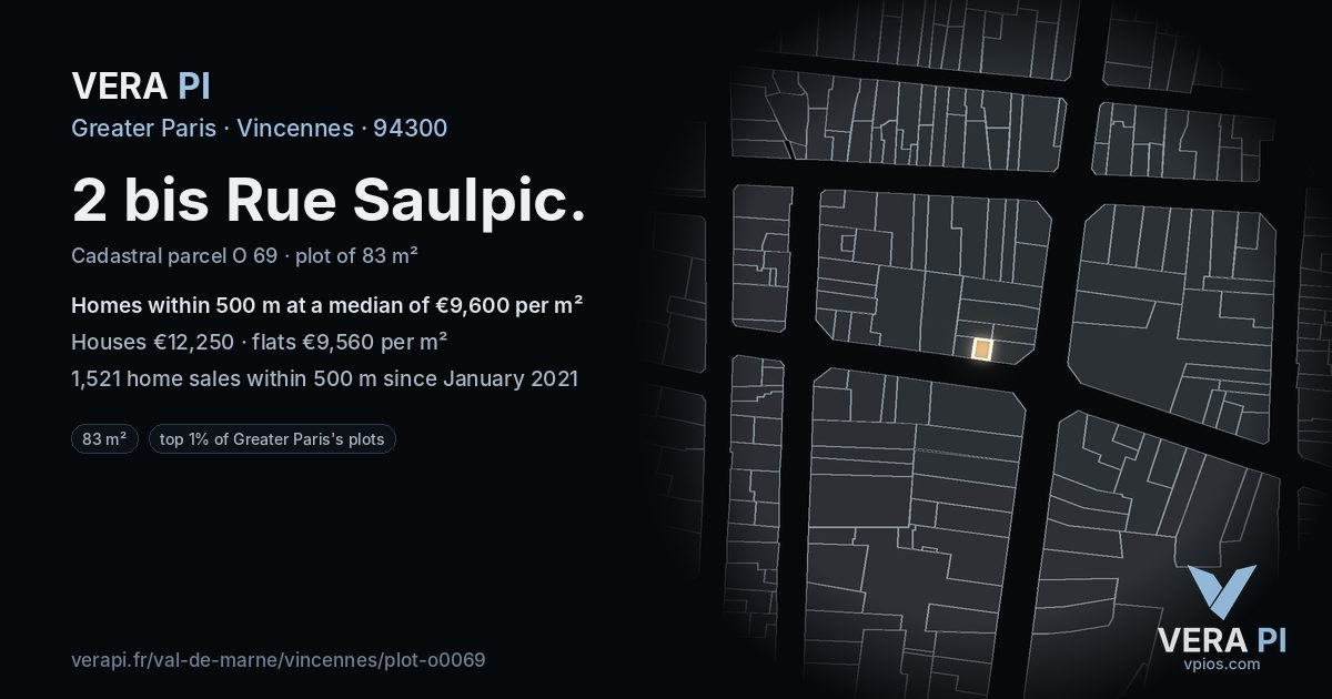 2 bis Rue Saulpic, Vincennes at night – the plot lit, the parcels around coloured by the prices near them