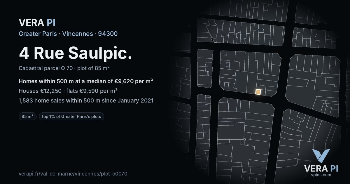 4 Rue Saulpic, Vincennes at night – the plot lit, the parcels around coloured by the prices near them