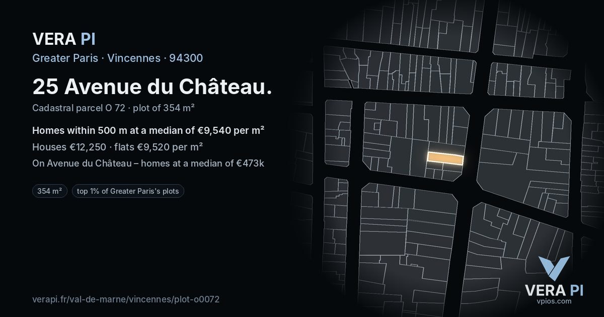 25 Avenue du Château, Vincennes at night – the plot lit, the parcels around coloured by the prices near them
