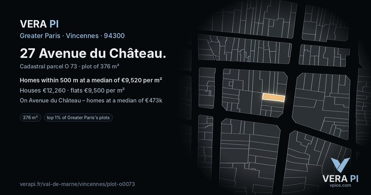 27 Avenue du Château, Vincennes at night – the plot lit, the parcels around coloured by the prices near them