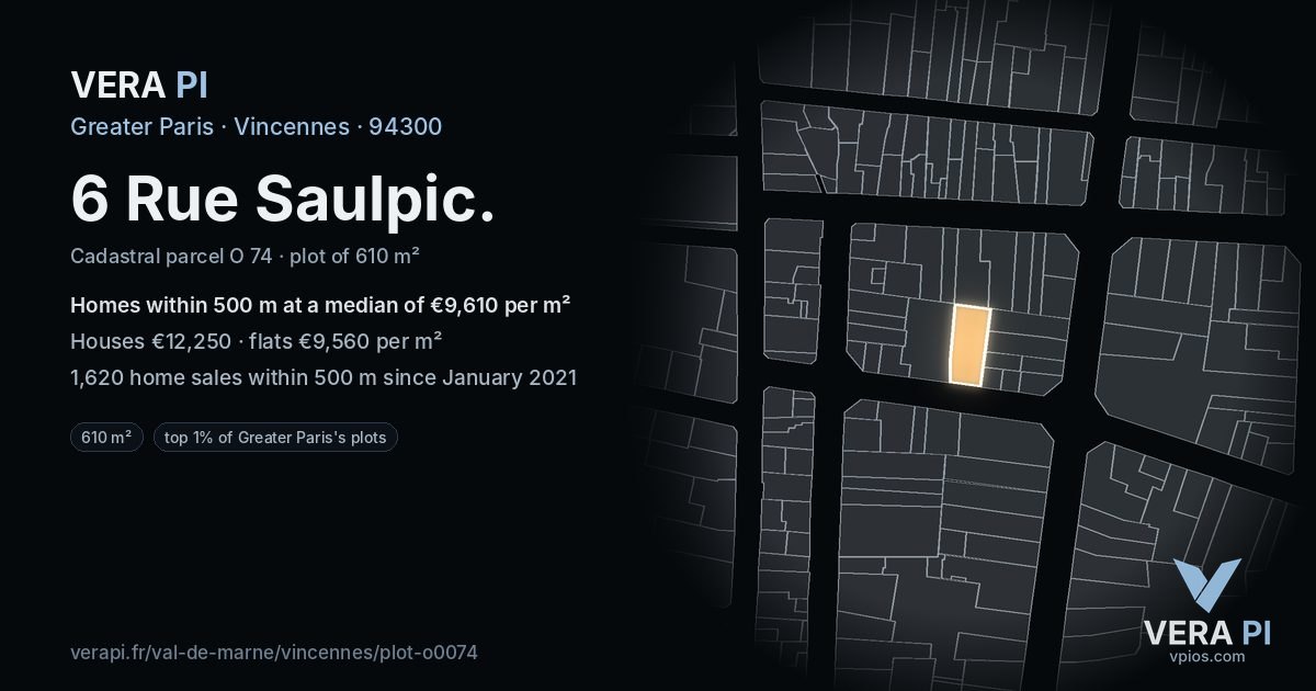 6 Rue Saulpic, Vincennes at night – the plot lit, the parcels around coloured by the prices near them