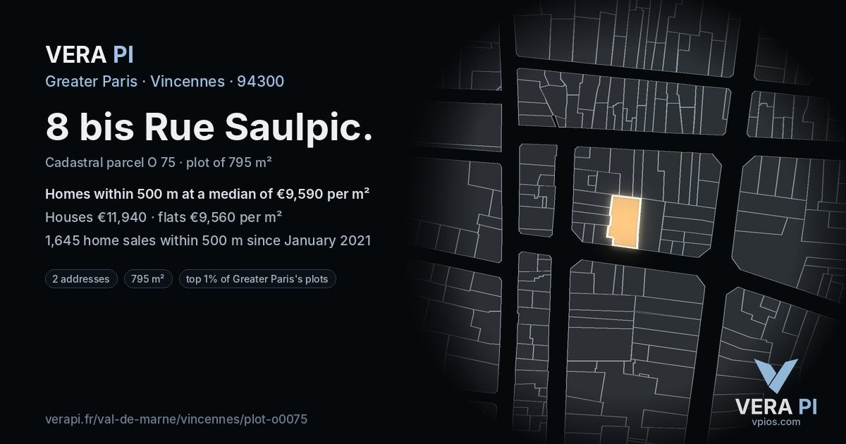 8 bis Rue Saulpic, Vincennes at night – the plot lit, the parcels around coloured by the prices near them