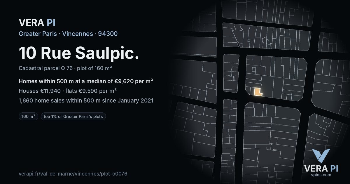 10 Rue Saulpic, Vincennes at night – the plot lit, the parcels around coloured by the prices near them