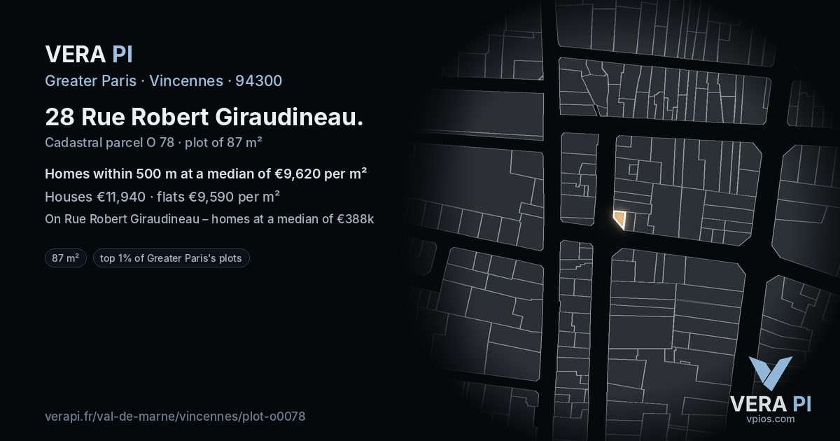 28 Rue Robert Giraudineau, Vincennes at night – the plot lit, the parcels around coloured by the prices near them