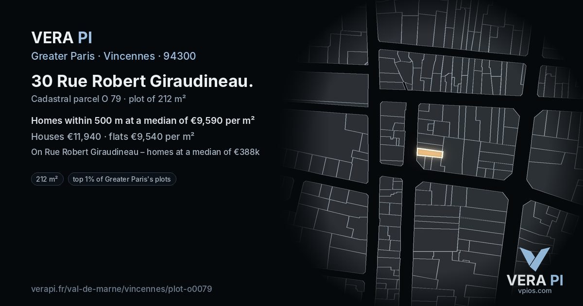 30 Rue Robert Giraudineau, Vincennes at night – the plot lit, the parcels around coloured by the prices near them