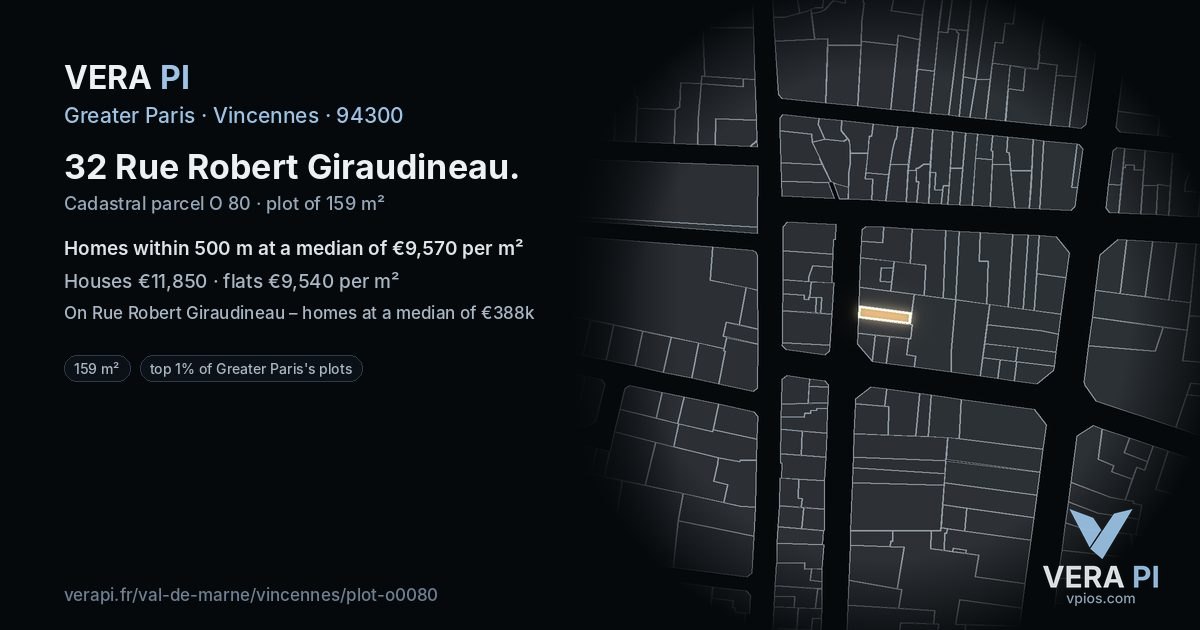 32 Rue Robert Giraudineau, Vincennes at night – the plot lit, the parcels around coloured by the prices near them