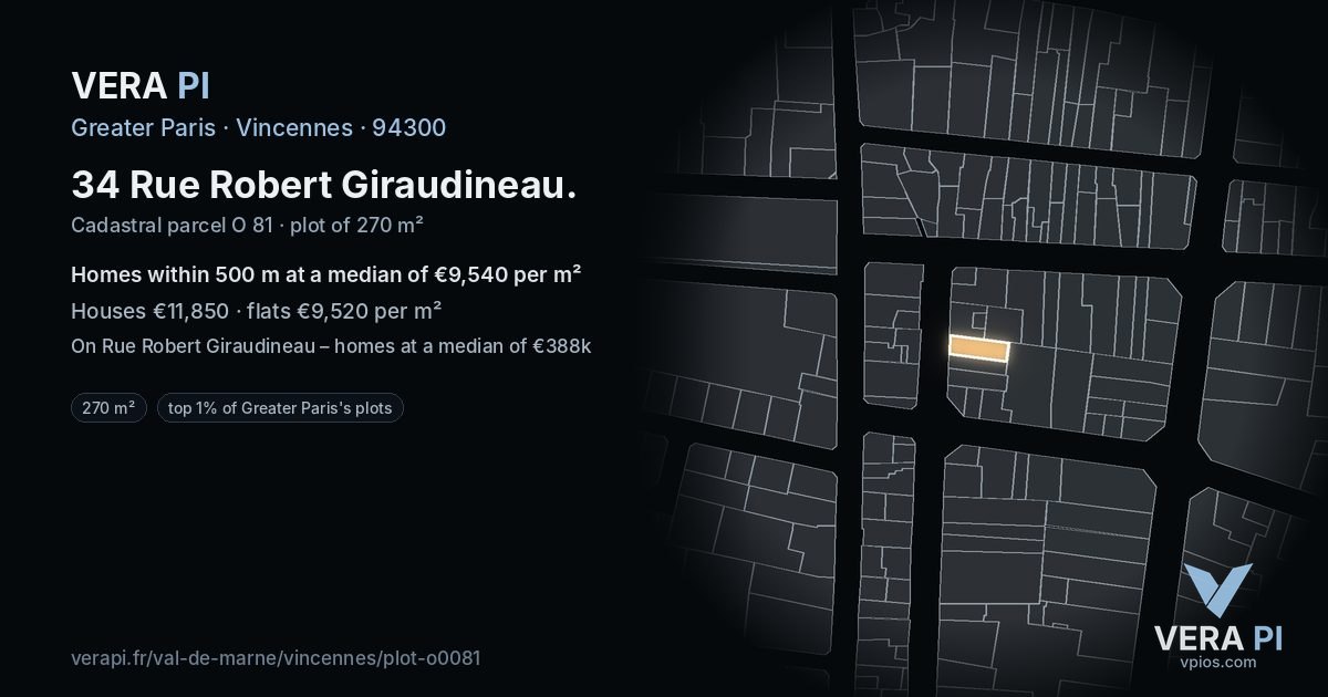 34 Rue Robert Giraudineau, Vincennes at night – the plot lit, the parcels around coloured by the prices near them