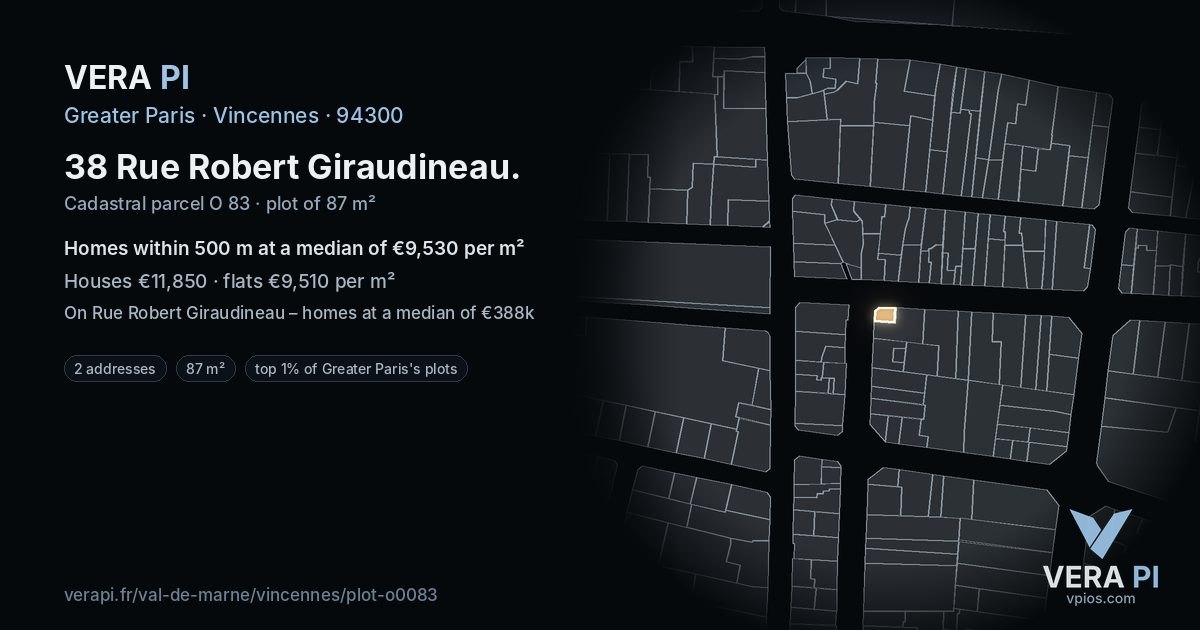 38 Rue Robert Giraudineau, Vincennes at night – the plot lit, the parcels around coloured by the prices near them
