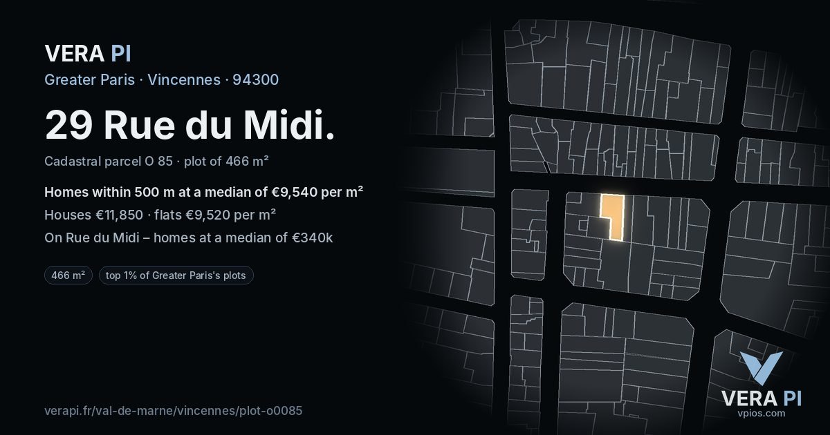 29 Rue du Midi, Vincennes at night – the plot lit, the parcels around coloured by the prices near them