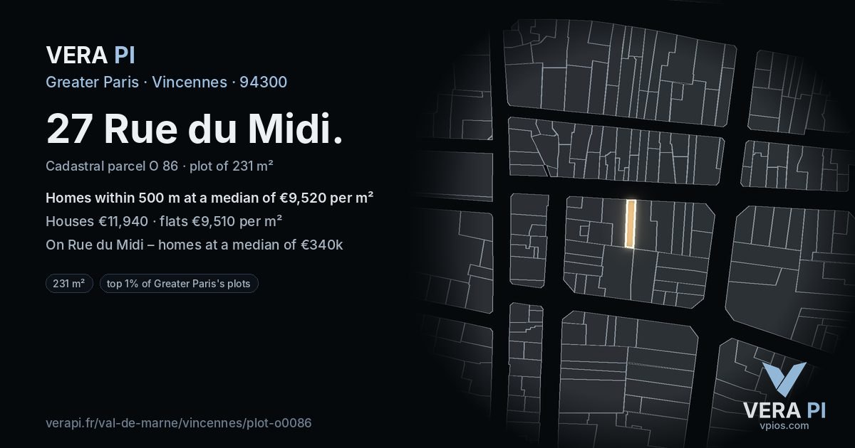 27 Rue du Midi, Vincennes at night – the plot lit, the parcels around coloured by the prices near them