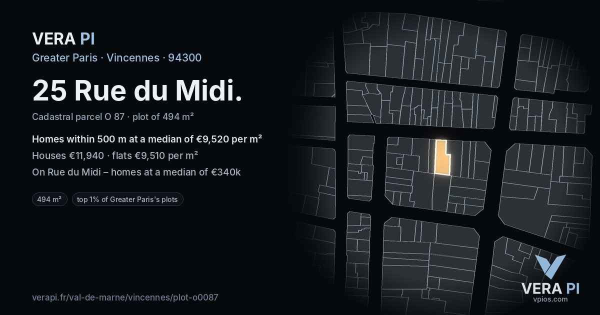 25 Rue du Midi, Vincennes at night – the plot lit, the parcels around coloured by the prices near them