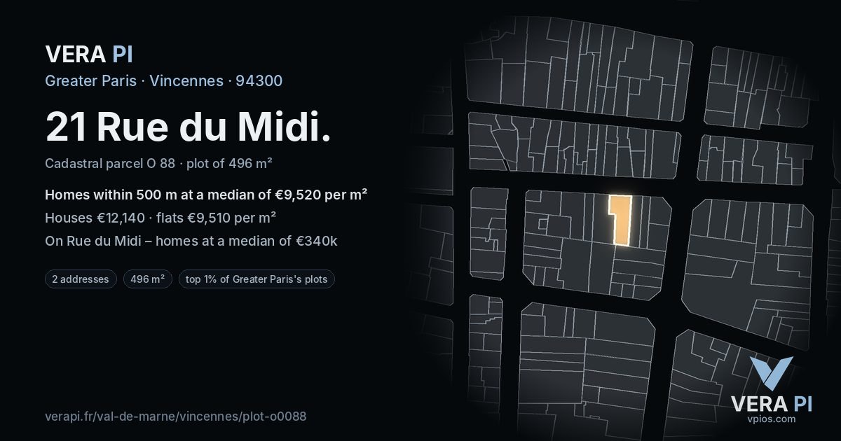 21 Rue du Midi, Vincennes at night – the plot lit, the parcels around coloured by the prices near them