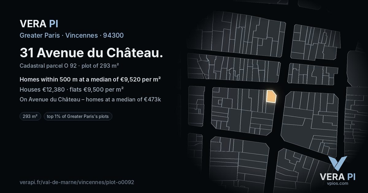 31 Avenue du Château, Vincennes at night – the plot lit, the parcels around coloured by the prices near them