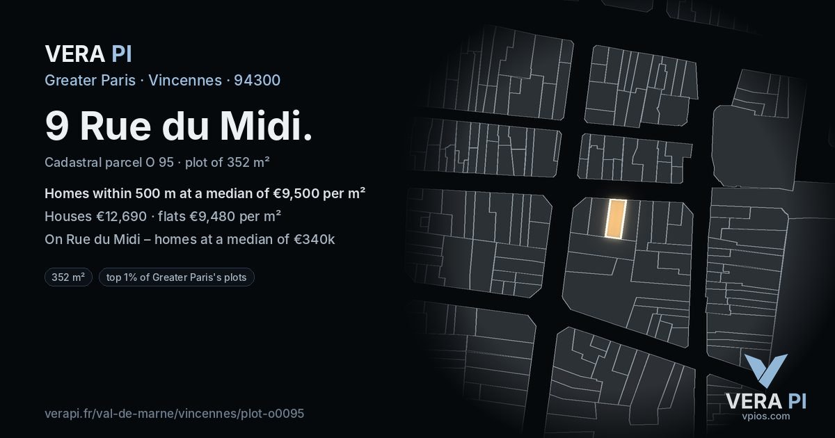 9 Rue du Midi, Vincennes at night – the plot lit, the parcels around coloured by the prices near them