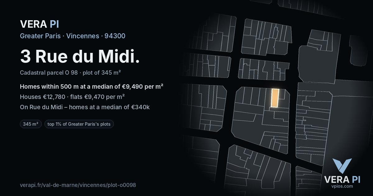 3 Rue du Midi, Vincennes at night – the plot lit, the parcels around coloured by the prices near them