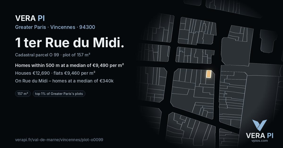 1 ter Rue du Midi, Vincennes at night – the plot lit, the parcels around coloured by the prices near them